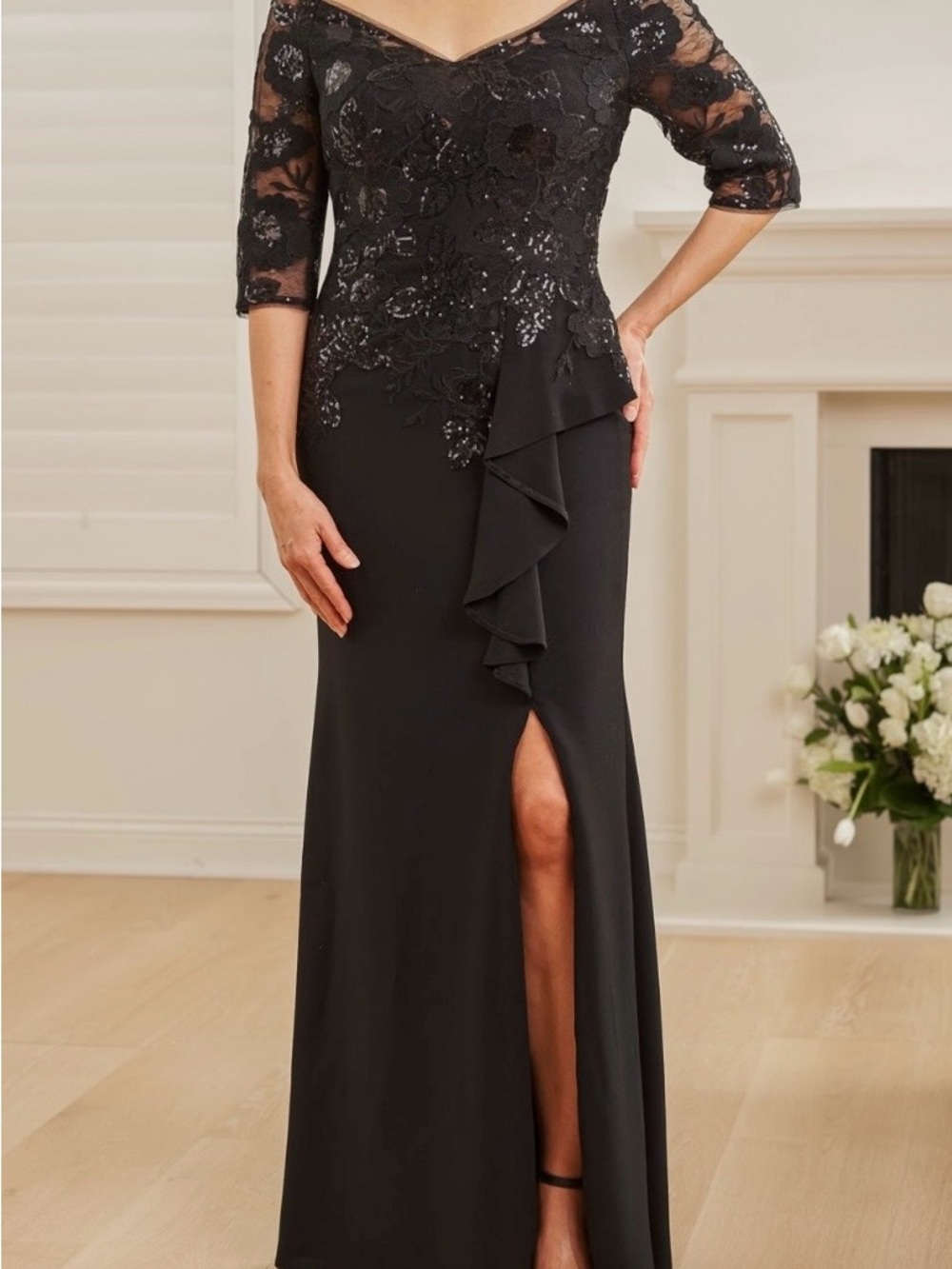 Christina Wu Black Off-Shoulder Lace & Ruffle Maxi Gown